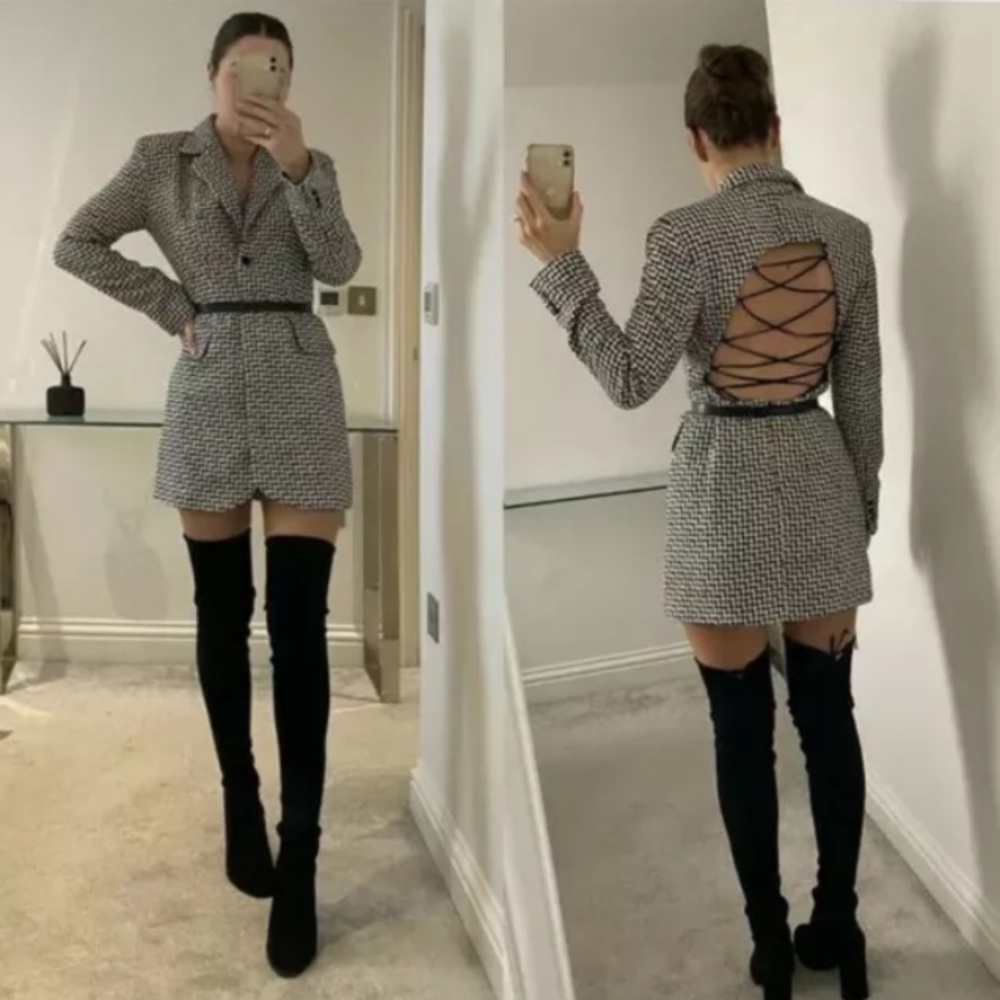 Tailored Houndstooth Lace-Back Blazer Dress in Black & White